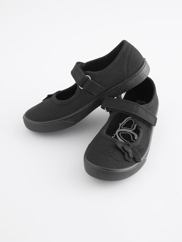 Black Wide Fit (G) Butterfly Embroidered School Plimsoll Shoes