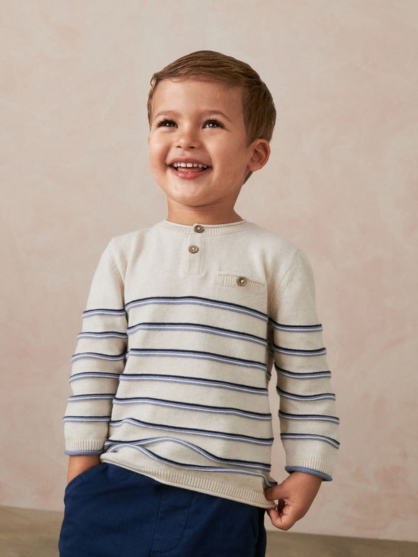 Ecru Cream 100% Cotton Henley Stripe Knit Crew Jumper (3mths-7yrs)