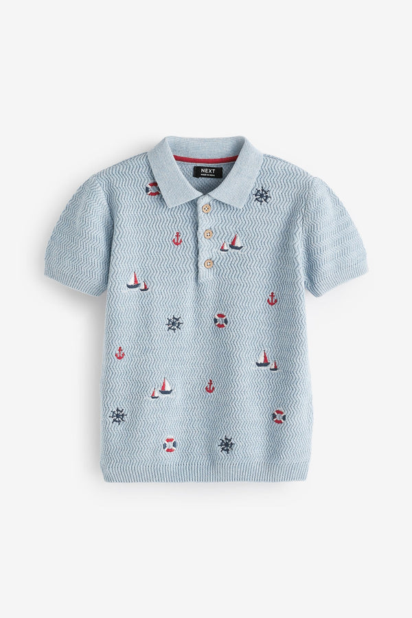 Blue 100% Cotton Nautical Textured Polo Shirt (3mths-7yrs)