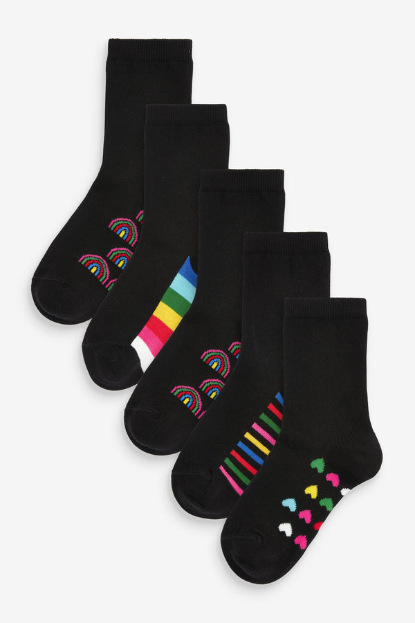 Black Rainbow 5 Pack Cotton Rich Footbed Ankle School Socks