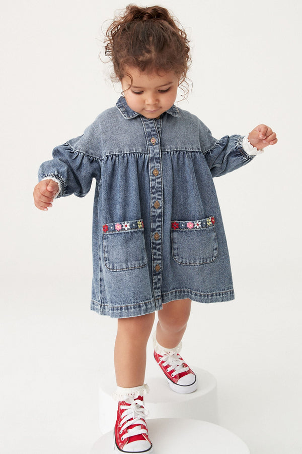 Blue Denim Embroidered 100% Cotton Shirt Dress (3mths-8yrs)