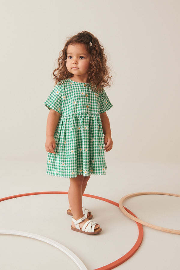 Green Embroidered Daisy Relaxed 100% Cotton Dress (3mths-8yrs)