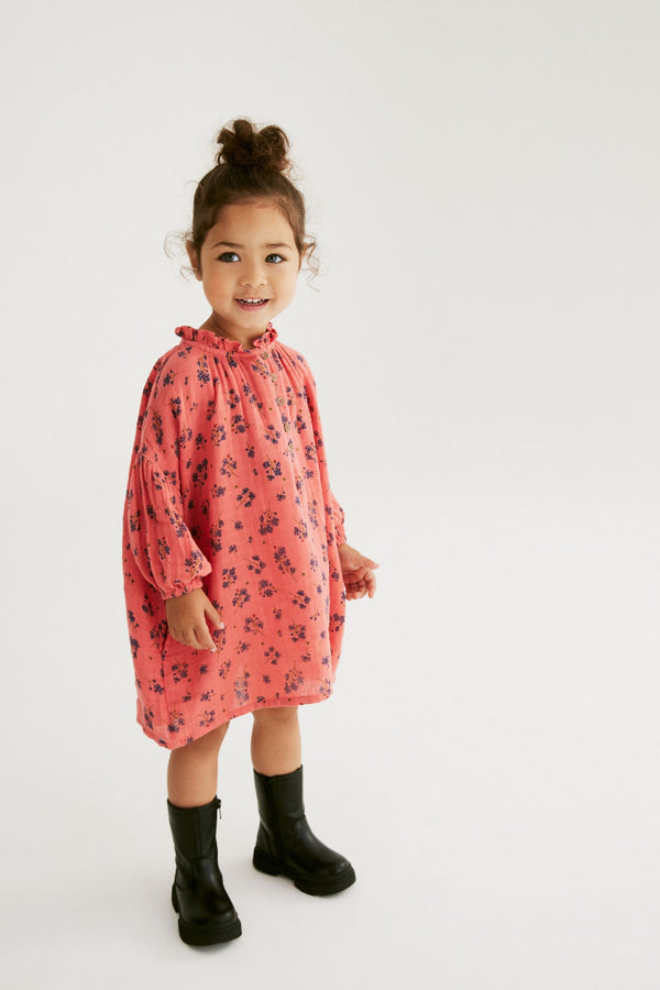 Coral Pink Ditsy Ruffle Collar Cotton Dress (3mths-8yrs)