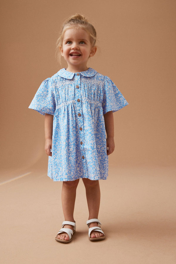 Blue Ditsy Shirred Cotton Dress (3mths-7yrs)