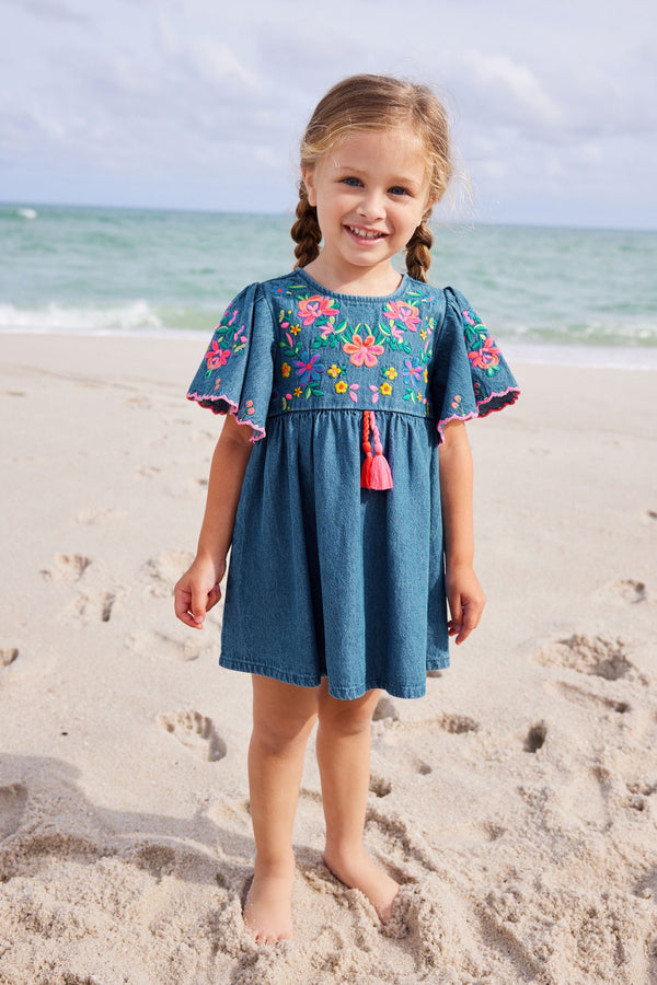 Blue Denim Embroidered 100% Cotton Kaftan Dress (3mths-10yrs)