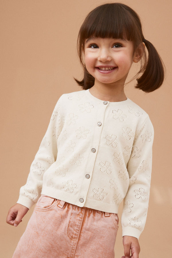 Ecru Cream Marl 100% Cotton Flower Pointelle Cardigan (3mths-10yrs)