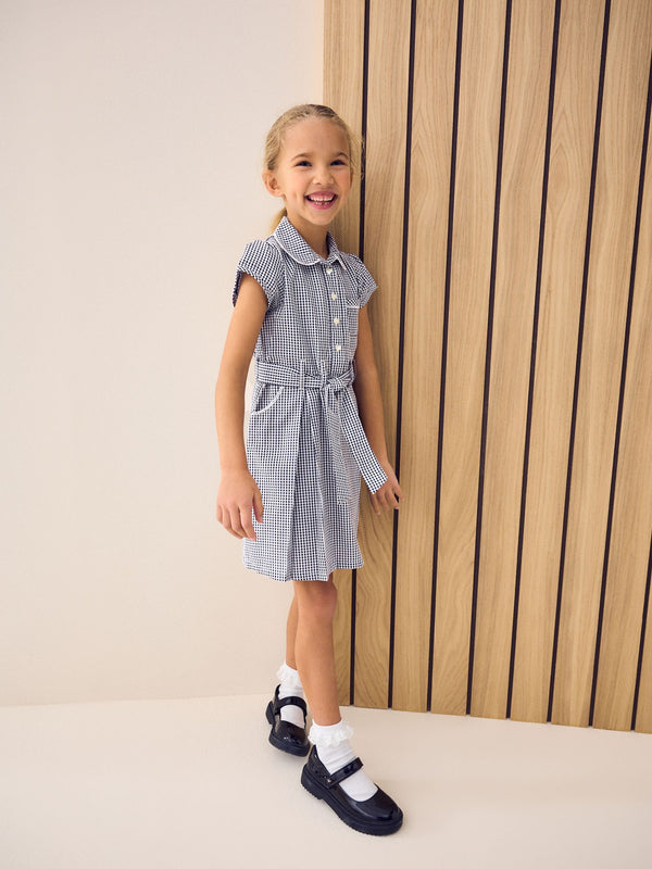 Navy Blue Gingham Cotton Rich Belted School Dress with Scrunchie (3-14yrs)
