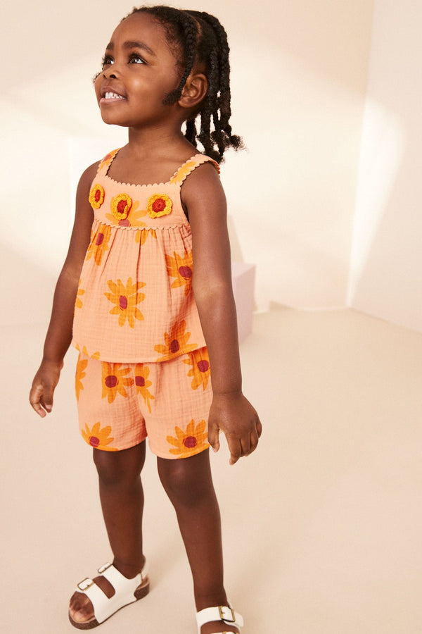 Orange Sunflower Co-Ord 100% Cotton Top and Shorts (3mths-7yrs)