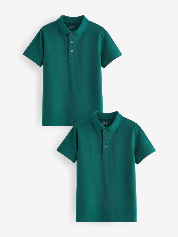 Dark Green Regular Fit Cotton School Short Sleeve Polo Shirts 2 Pack (3-16yrs)