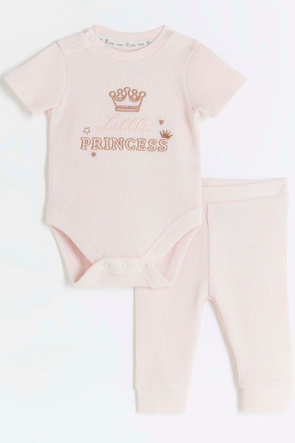 River Island Pink Baby Girls 100% Cotton Romper and Joggers Set