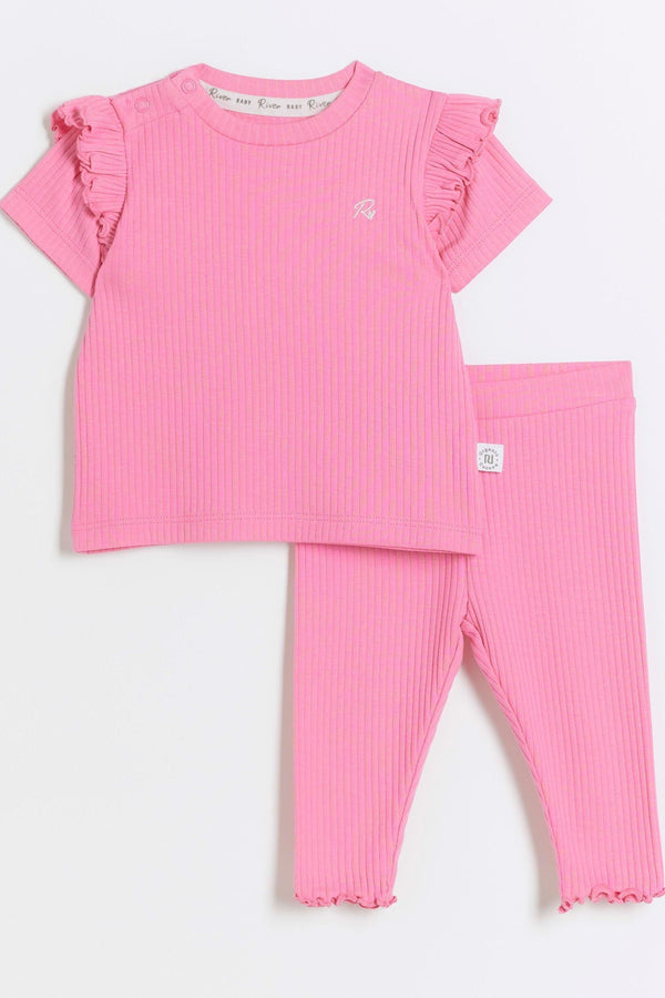 River Island Pink Baby Girls Rib 100% Cotton Leggings Set