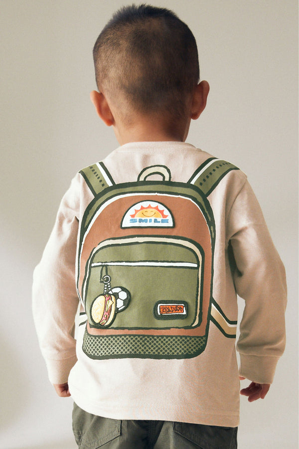 Natural 100% Cotton Long Sleeve Printed Backpack T-Shirt (3mths-7yrs)