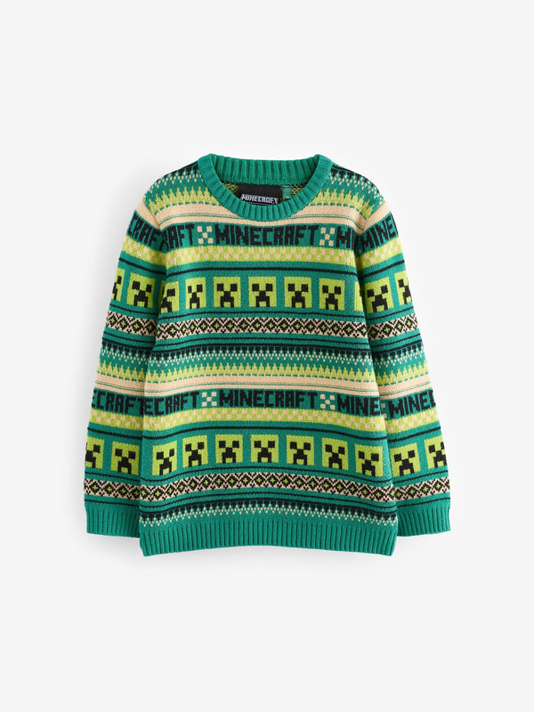 Green Minecraft Christmas Fairisle Pattern Crew Neck Jumper (3-16yrs)