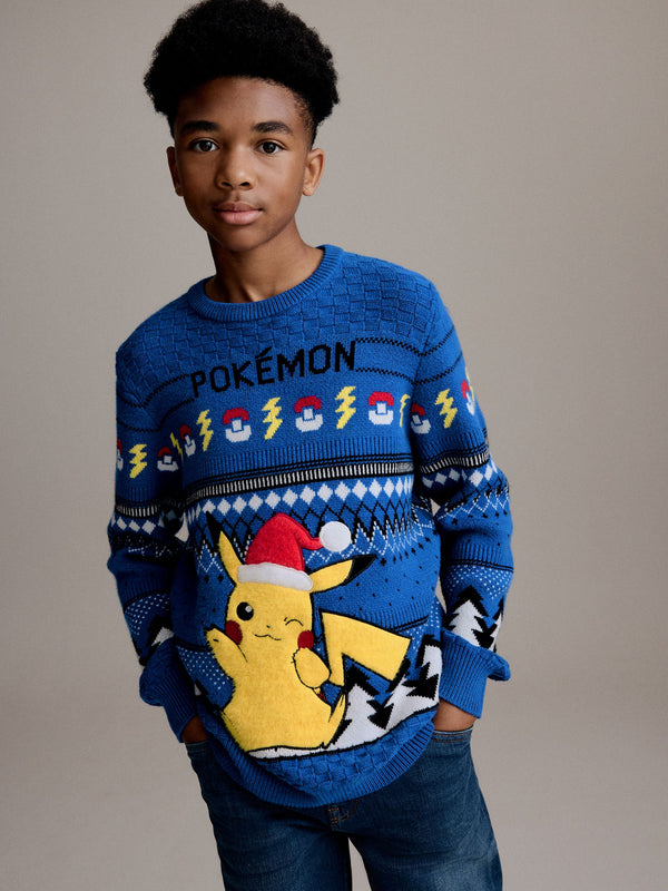 Blue Pikachu Pokemon Christmas Fairisle Pattern Crew Neck Jumper (3-16yrs)