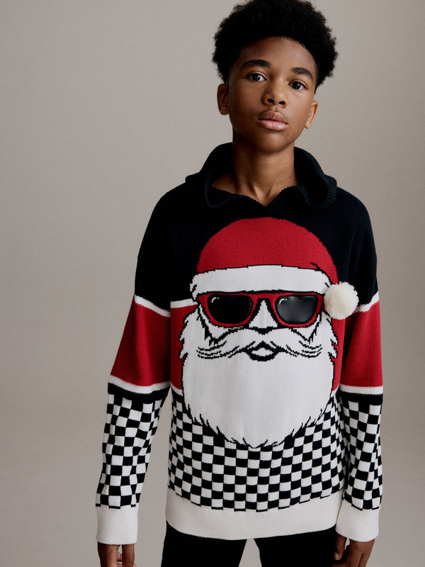 Santa Colourblock Hooded 100% Cotton Christmas Jumper (3-16yrs)
