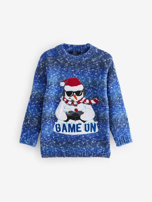 Blue Gaming Snowman 100% Cotton Christmas Jumper (3-16yrs)