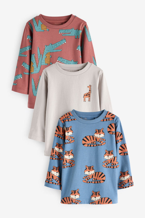 Neutral/Tan 100% Cotton Long Sleeve Animal Print Character T-Shirts 3 Pack (3mths-7yrs)