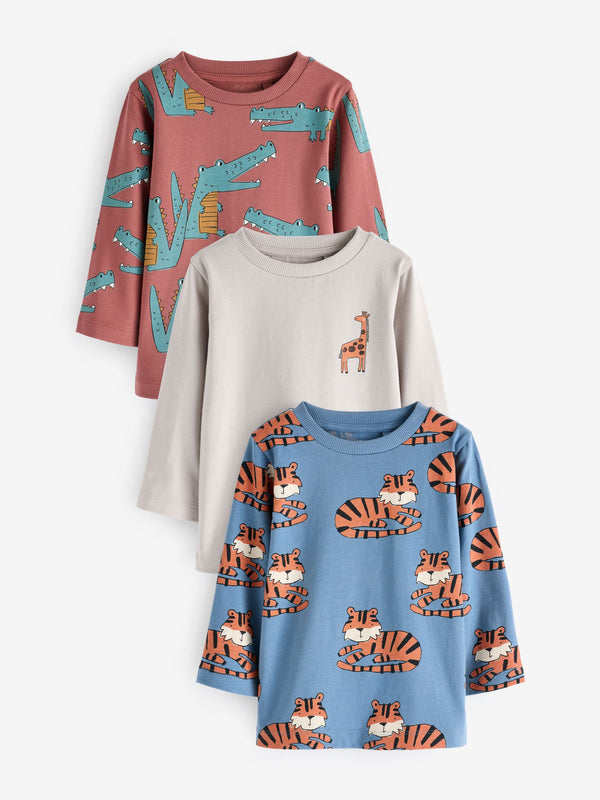 Neutral/Tan 100% Cotton Long Sleeve Animal Print Character T-Shirts 3 Pack (3mths-7yrs)