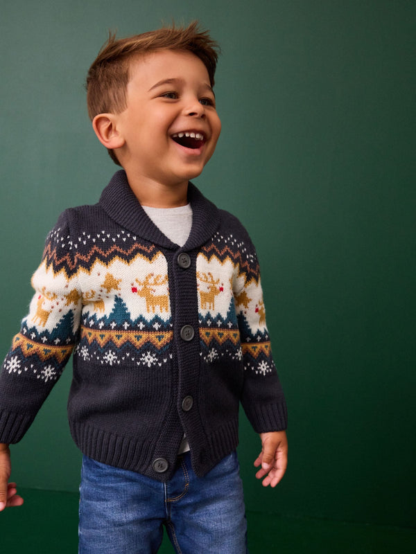 Navy Blue Fairisle Pattern Christmas Knitted Cardigan (3mths-7yrs)