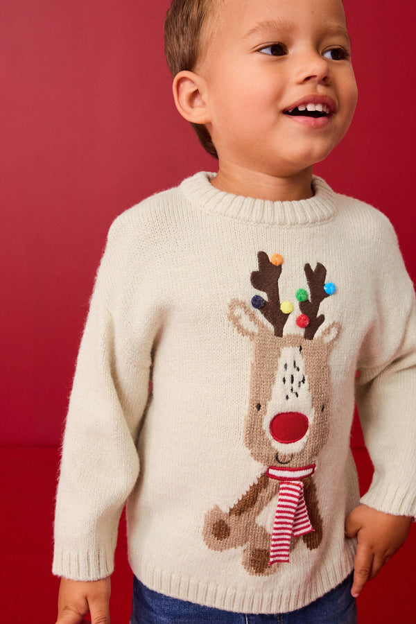 Ecru Reindeer Christmas Crew Neck Jumper (3mths-7yrs)