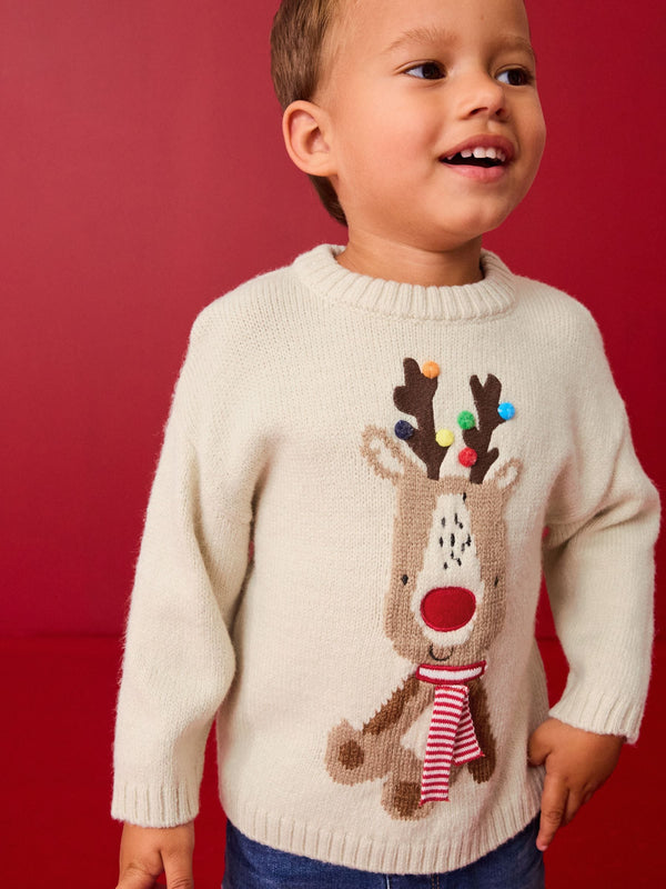 Ecru Reindeer Christmas Crew Neck Jumper (3mths-7yrs)