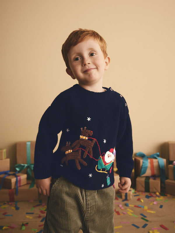 Navy Blue Santa Reindeer Sleigh 100% Cotton Christmas Jumper (3mths-7yrs)