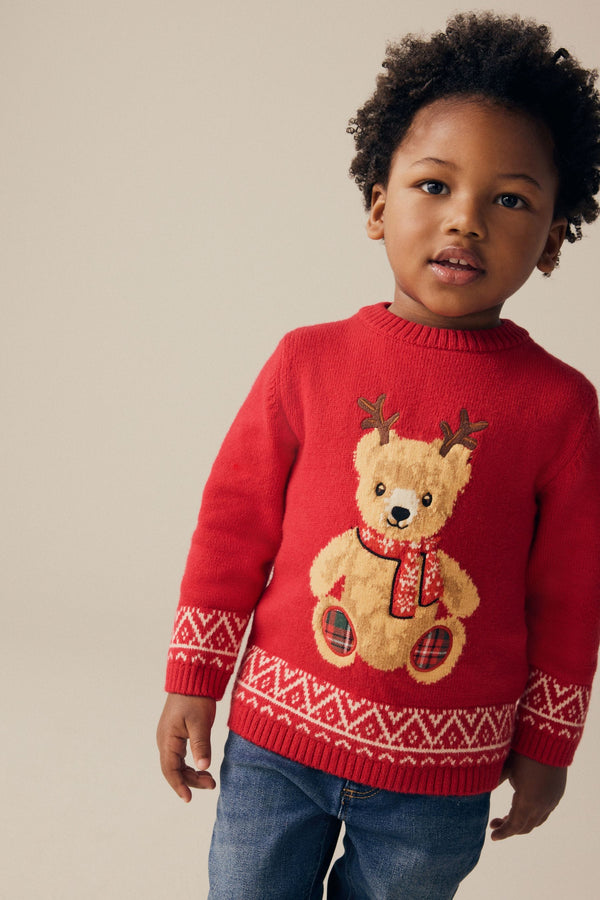 Red Bear Christmas Crew Neck 100% Cotton Jumper (3mths-7yrs)