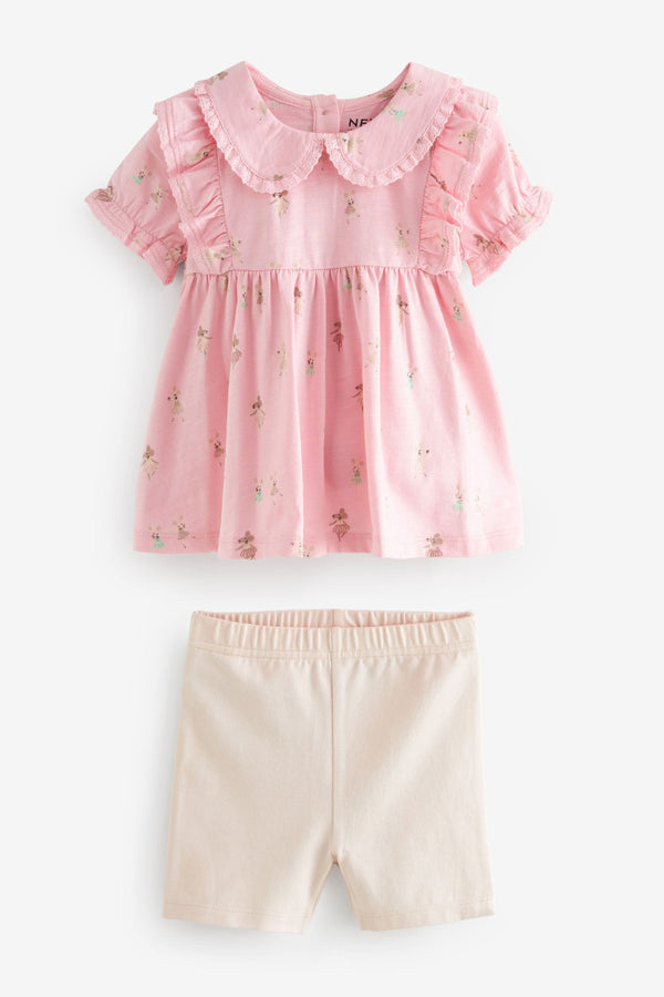 Pink Pretty Mouse Character Short Sleeve 100% Cotton Blouse and Cycle Shorts Set (3mths-7yrs)