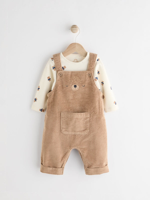 Tan Brown Cord 100% Cotton Baby Dungarees and Bodysuit Set (0mths-2yrs)