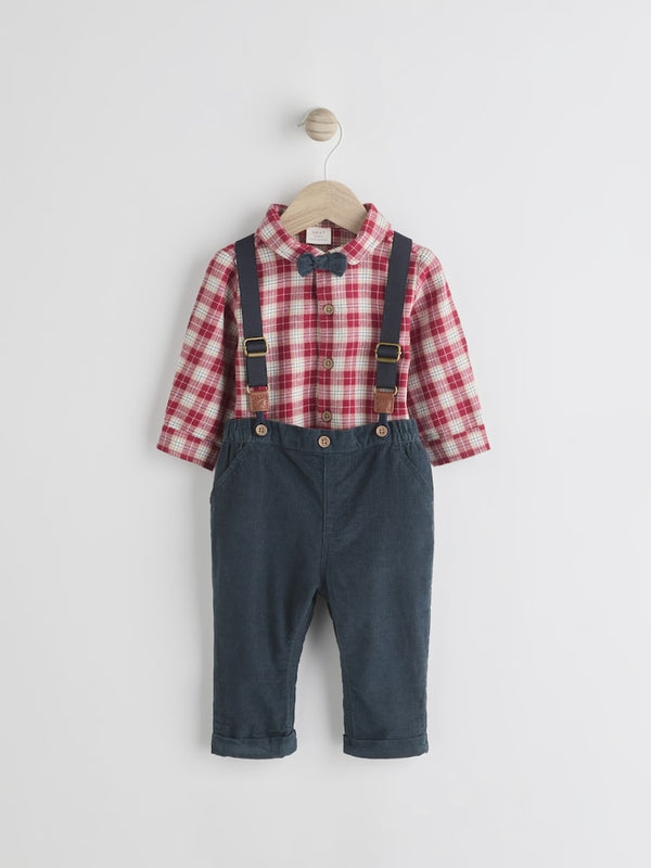 Red Check Baby 100% Cotton Shirt Trousers and Braces Set 4 Piece(immediate)