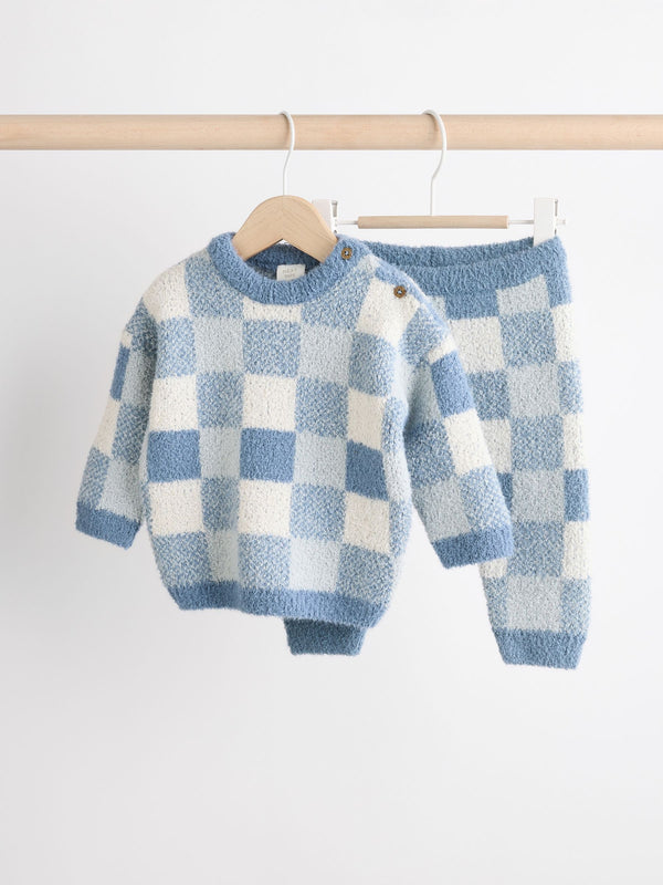 Blue Checkerboard Baby Knitted Jumper and Leggings Set immediate