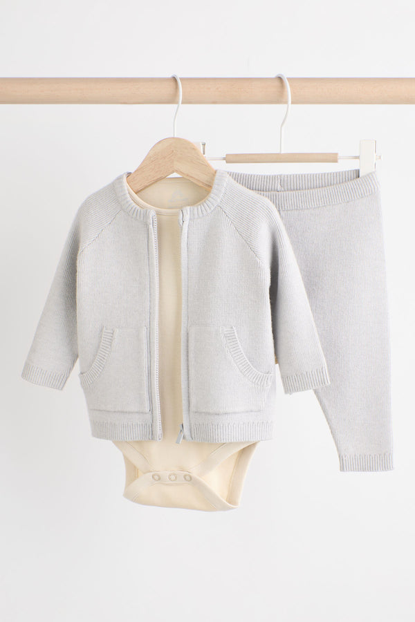 Grey Knit Zip 100% Cotton Jumper and Joggers 3 Piece Set (0mths-2yrs)