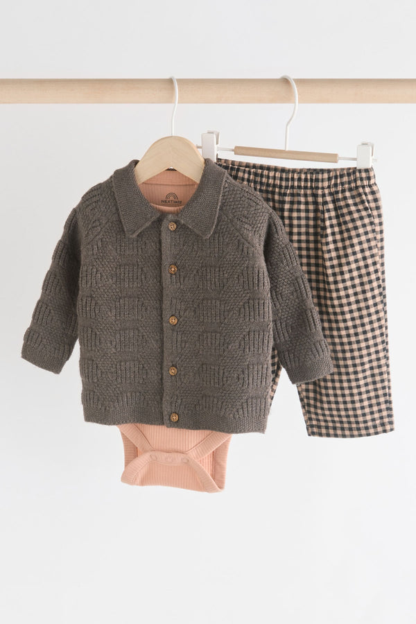 Brown Check Baby 100% Cotton Knitted Jumper and Trousers 3 Piece Set (0mths-2yrs)