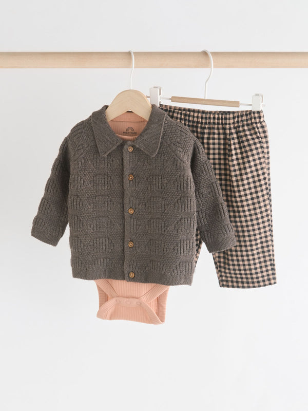 Brown Check Baby 100% Cotton Knitted Jumper and Trousers 3 Piece Set (0mths-2yrs)