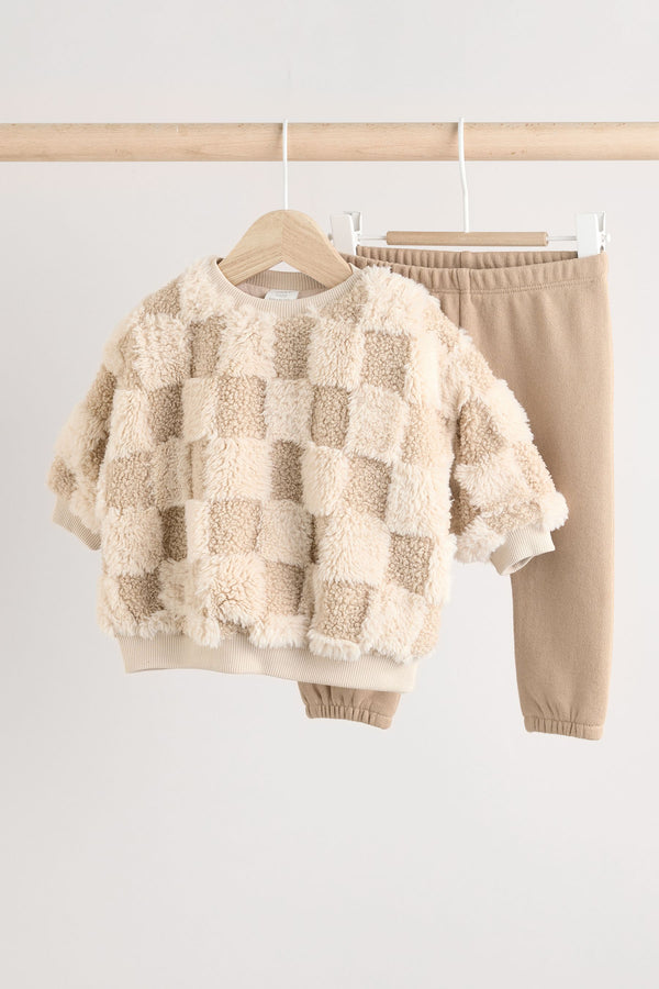 Neutral Check Baby 100% Cotton Fleece Top and Joggers Set