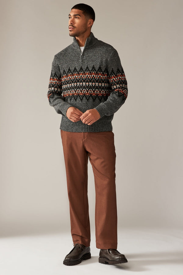 Grey Zip Neck Regular Fit Fairisle Pattern Jumper with Wool