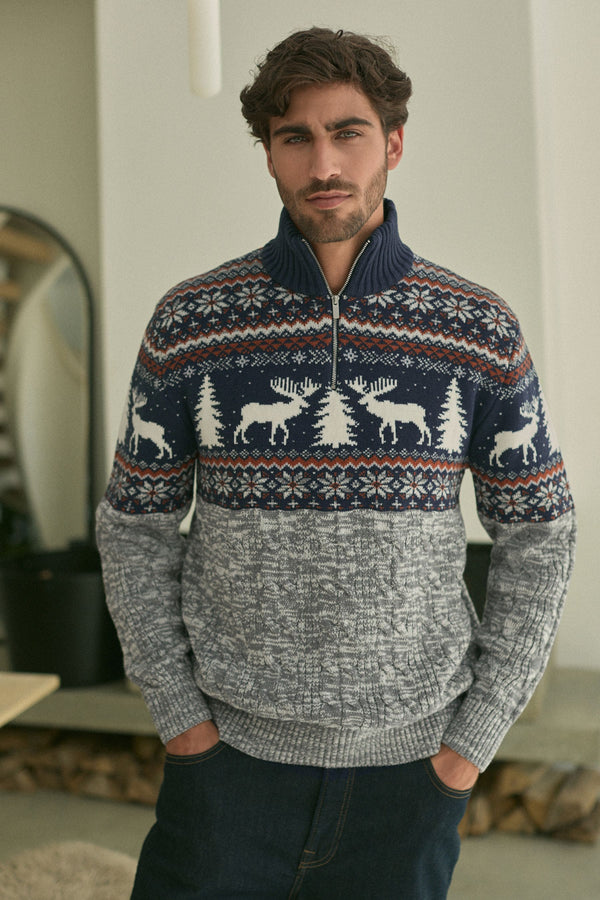 Navy Blue/Grey Reindeer Zip Neck Regular Fit Christmas Jumper