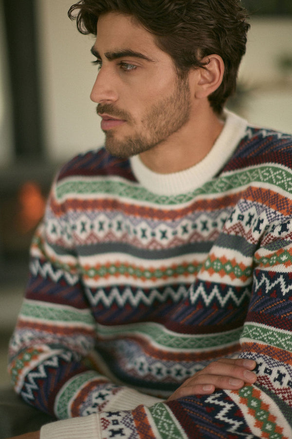 Multi/Ecru White Crew Neck Regular Fit Fairisle Pattern Jumper with Wool