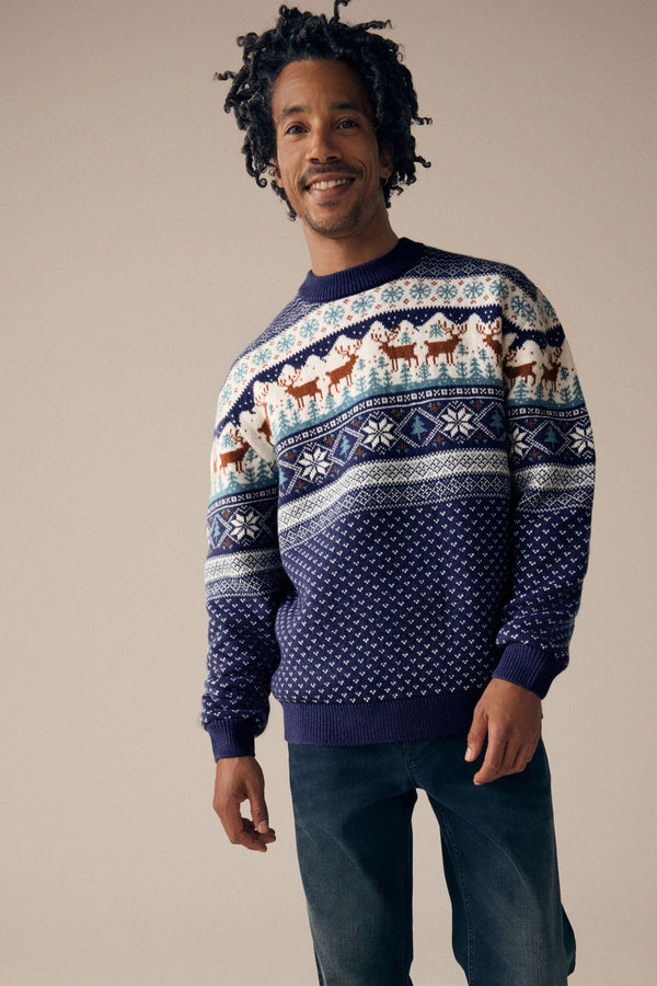 Navy Blue Crew Neck Mens Matching Family Christmas Fairisle Pattern Reindeer Jumper