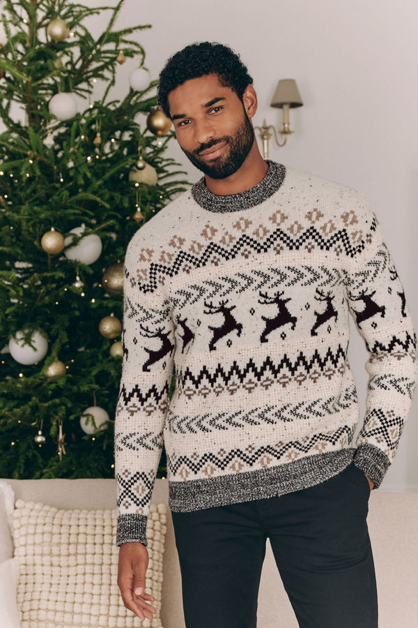 Black/White Crew Neck Matching Family Mens Christmas Fairisle Pattern Stag Jumper