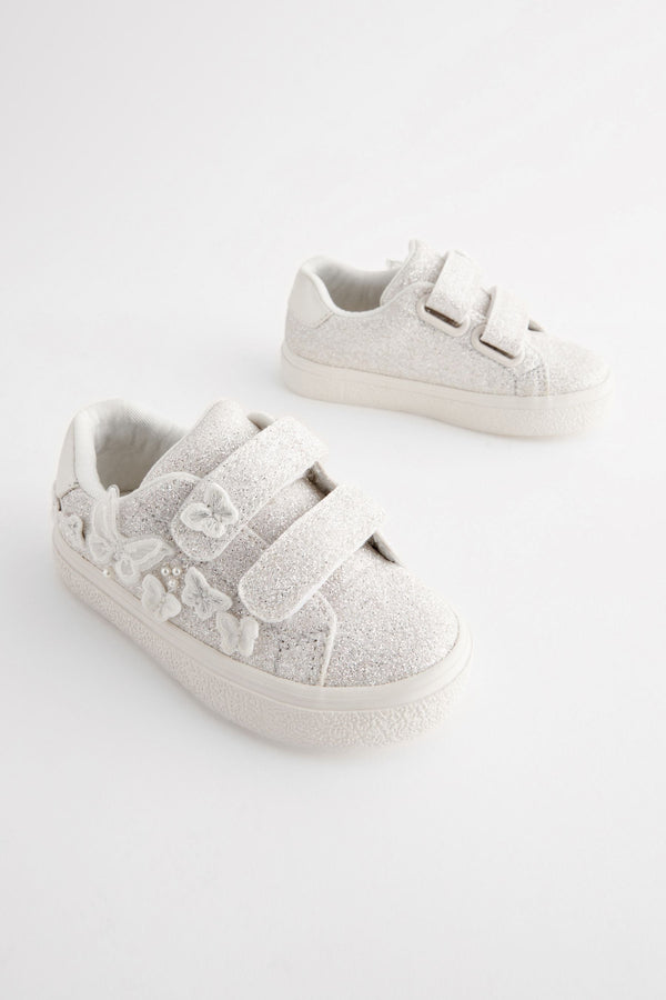 White Glitter Standard Fit (F) Butterfly Touch Fasten Strap Trainers