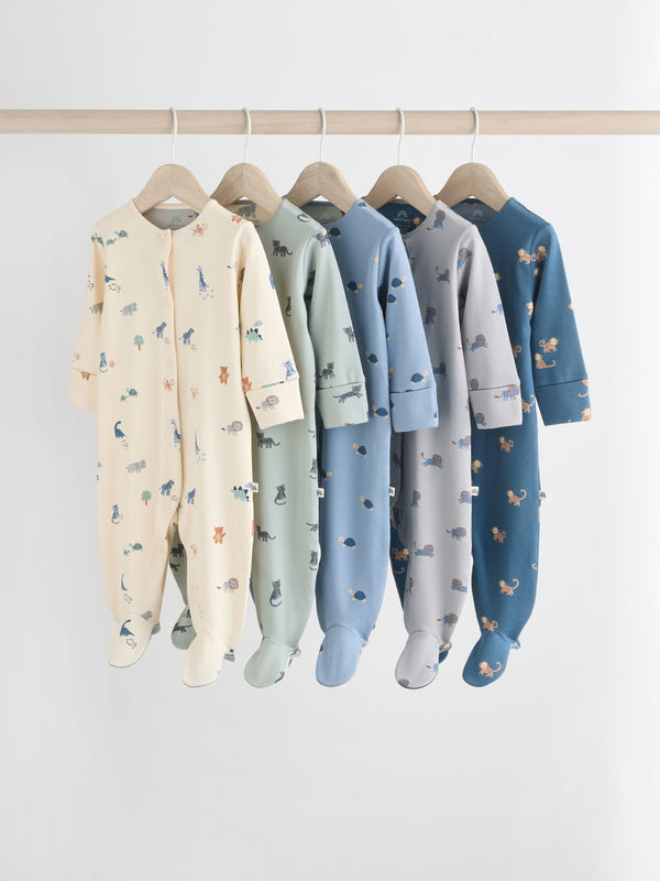 Teal Blue Patterned Baby Sleepsuits 5 Pack (0-2yrs)
