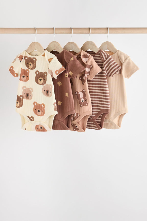 Brown Bear Face Baby Cotton Short Sleeved Bodysuits 5 Pack