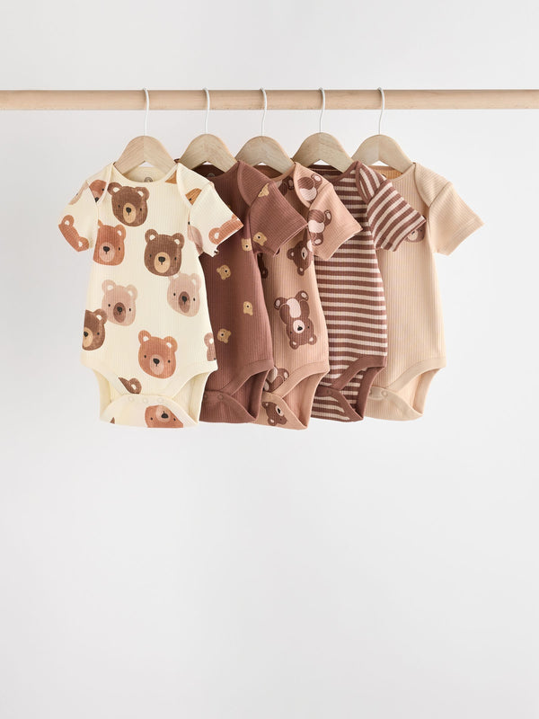 Brown Bear Face 5 Pack Baby Short Sleeved 100% Cotton Bodysuits