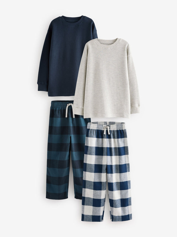Navy/Grey Textured Top Long Sleeve Woven Check Pyjamas 2 Pack (3-16yrs)