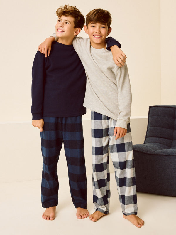 Navy/Grey Textured Top Long Sleeve Woven Check Pyjamas 2 Pack (3-16yrs)