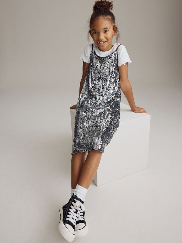 Silver Sequin Slip Dress and T-Shirt Set (3-16yrs)
