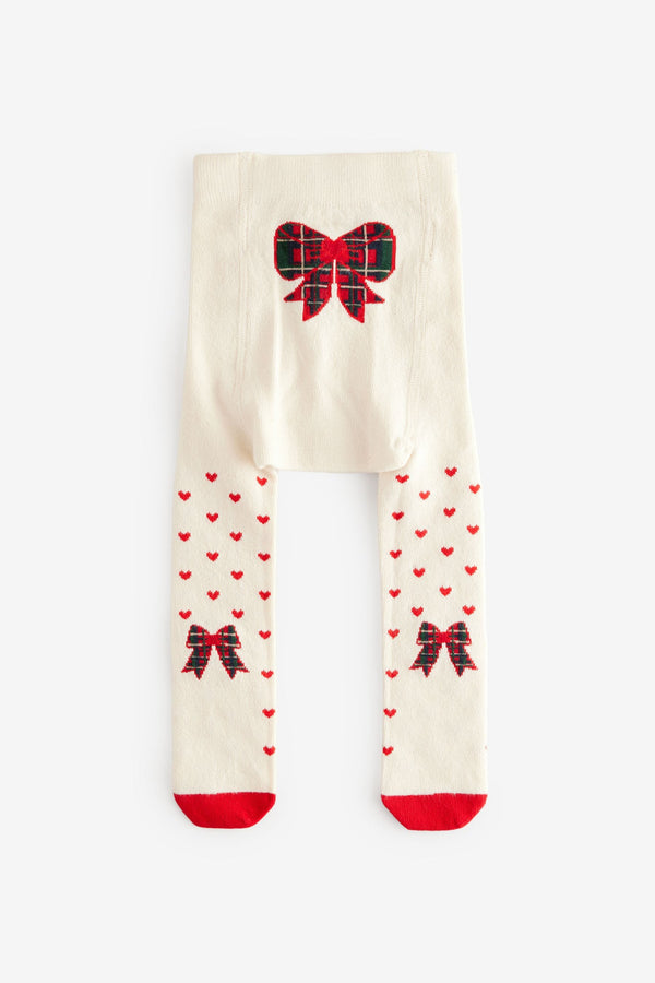 Ecru Cream/Red Hearts And Bow Christmas Bow Baby Tights (0mths-2yrs)