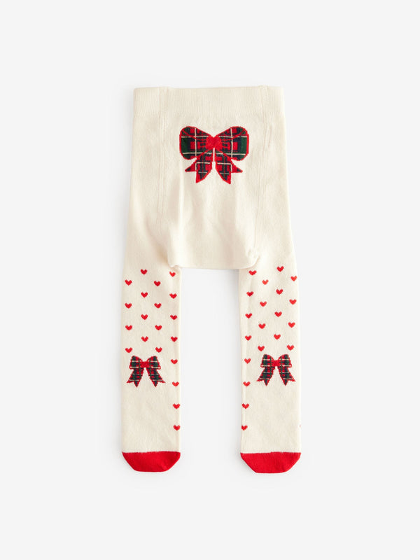 Ecru Cream/Red Hearts And Bow Christmas Bow Baby Tights (0mths-2yrs)