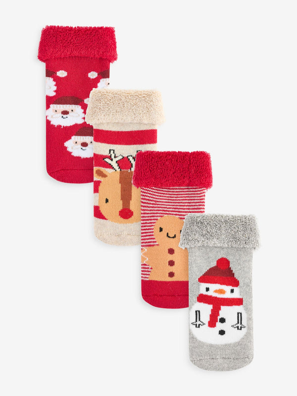 Red Christmas Baby Toweling Socks 4 Pack (0mths-2yrs)